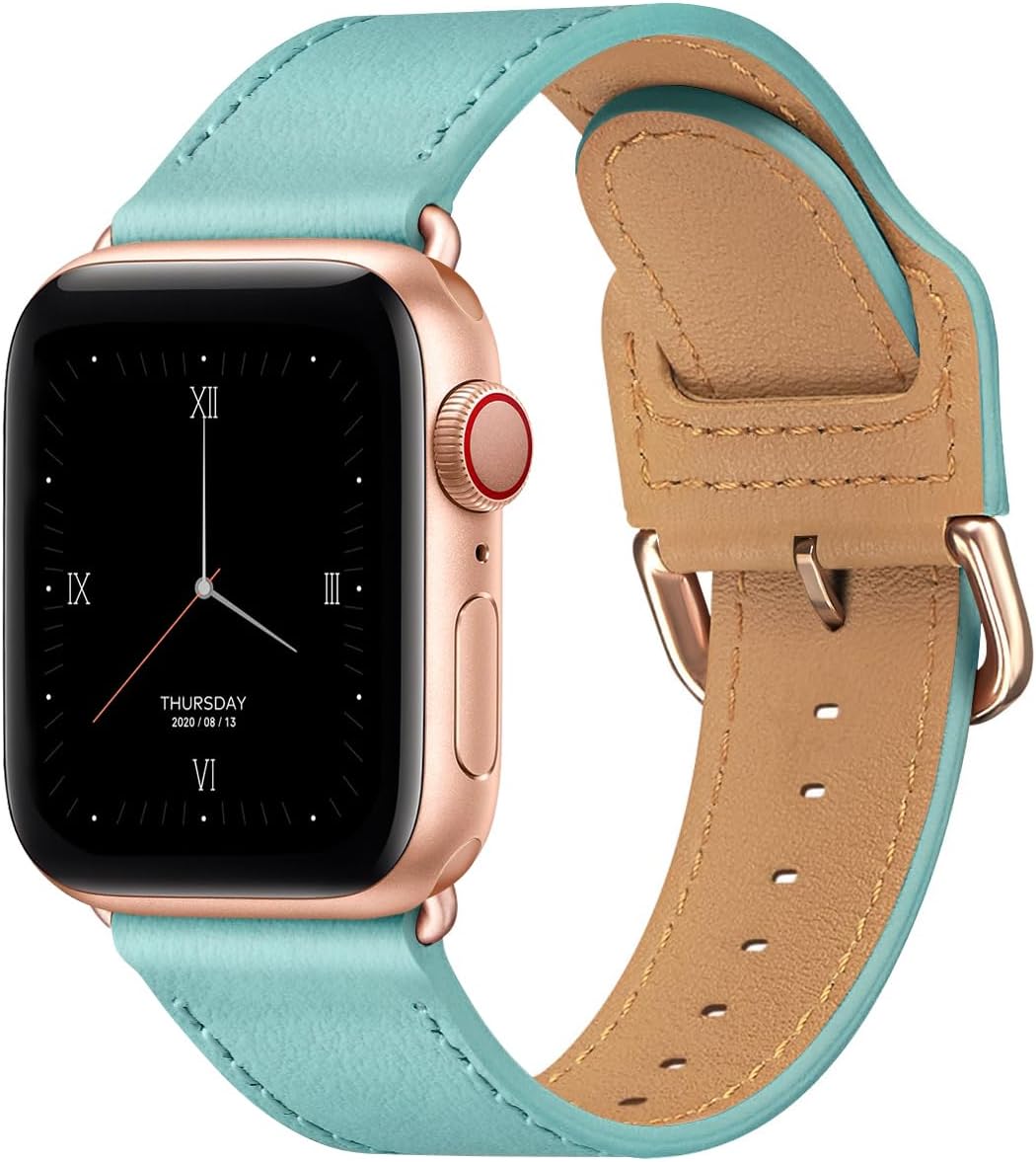POWER PRIMACY Bands Compatible with Apple Watch Band 38mm 40mm 41mm 42mm for Men Women iWatch Series 10/9/8/7/6/5/4/3,SE(Black/Cyan Blue +Rosegold Connector)