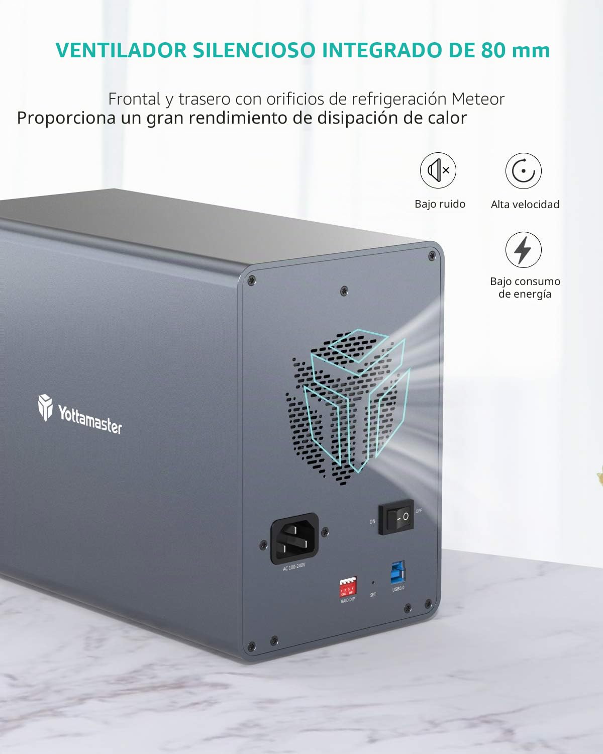Yottamaster 5 Bahía Carcasa Disco Duro Raid, Aluminio Caja para 2.5"/3.5" SATA HDD/SSD, USB Type B 3.0 5Gbps Externo Carcasa Soporta 5 x 24TB Raid 0/1/3/5/10/JBOD/PM, Ventilador de 80mm