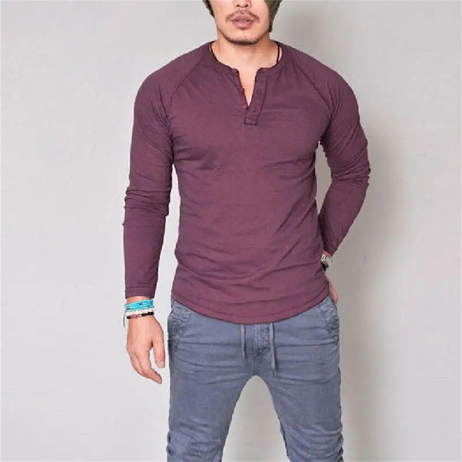 T-shirt da uomo girocollo in cotone tinta unita con bottoni a maniche lunghe traspirante casual base top