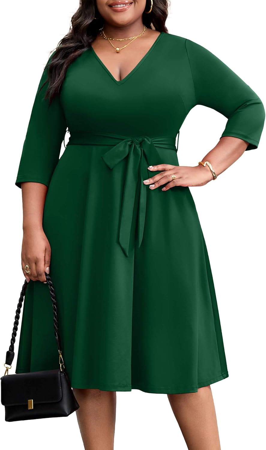 FANDEE Plus Size Midi Dresses for Women - A Line Church Dress V Neck 3/4 Sleeve Wedding Guest Cocktail with Pockets(XL-5XL)