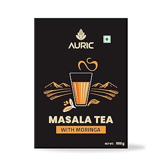Auric Kadak Moringa Masala Tea - Black Tea from Assam & Darjeeling | Tea Blended with 7 Real Spices (Cardamom, Cinnamon, Ginger, Black Pepper, Tulsi, Star Anise, Clove) 500 Gms - image, photos