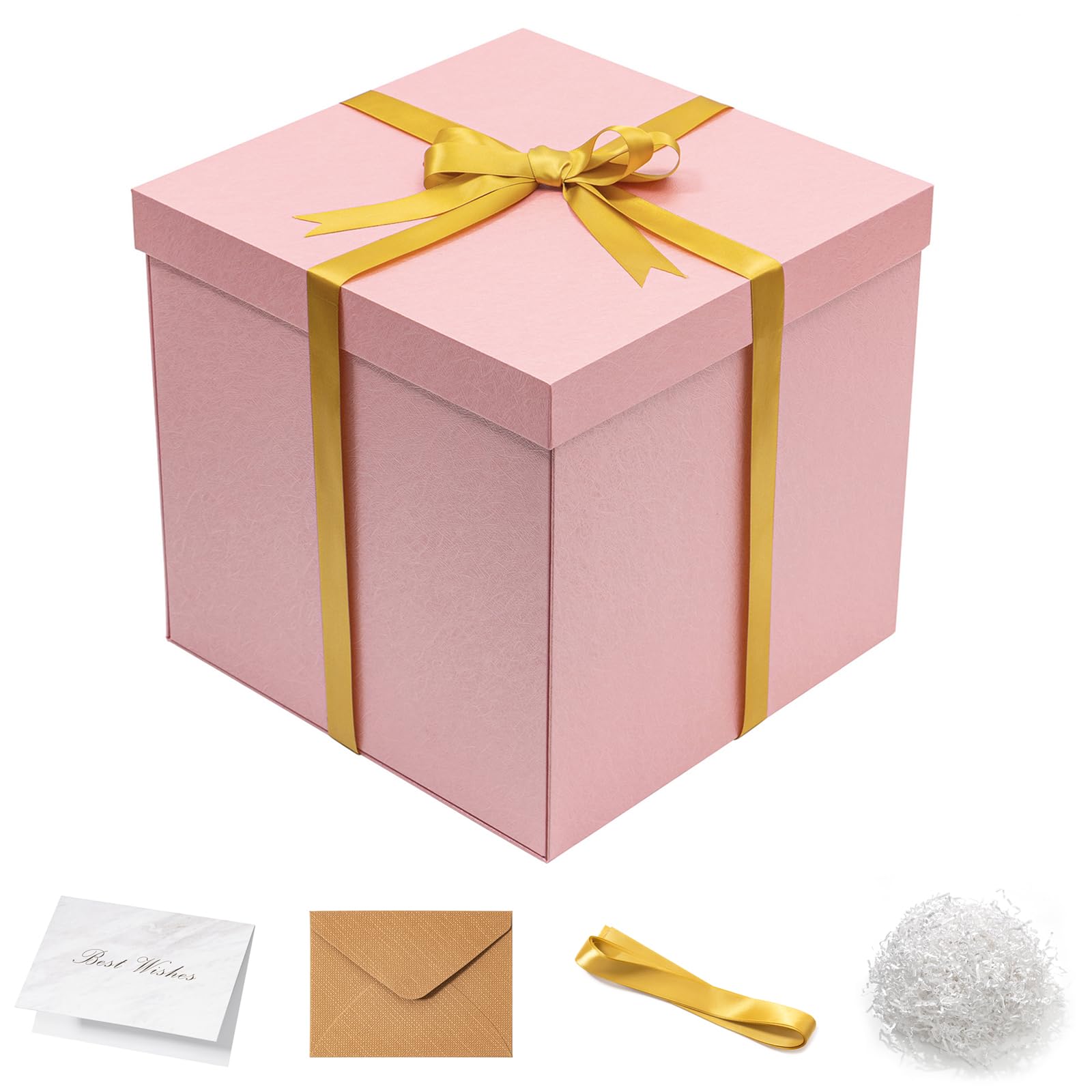 Mefleet Large Gift Box with Lid for Presents 12x12x12 Inches Extra Big Deep Square Pink Boxes 1 Pack for Christmas, Birthday, Valentine's Day, Mother's Day - Contains Crinkle Paper, Ribbon and Card