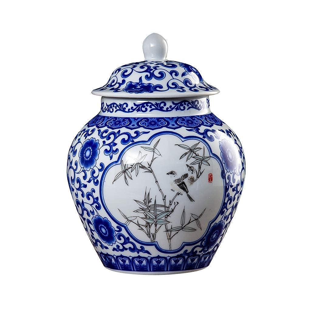 asdchZen Reative Ceramic Vase For Flowers, Blue And White Porcelain Bamboo And Bird Ceramic Covered Jar Vase, China Ming Style