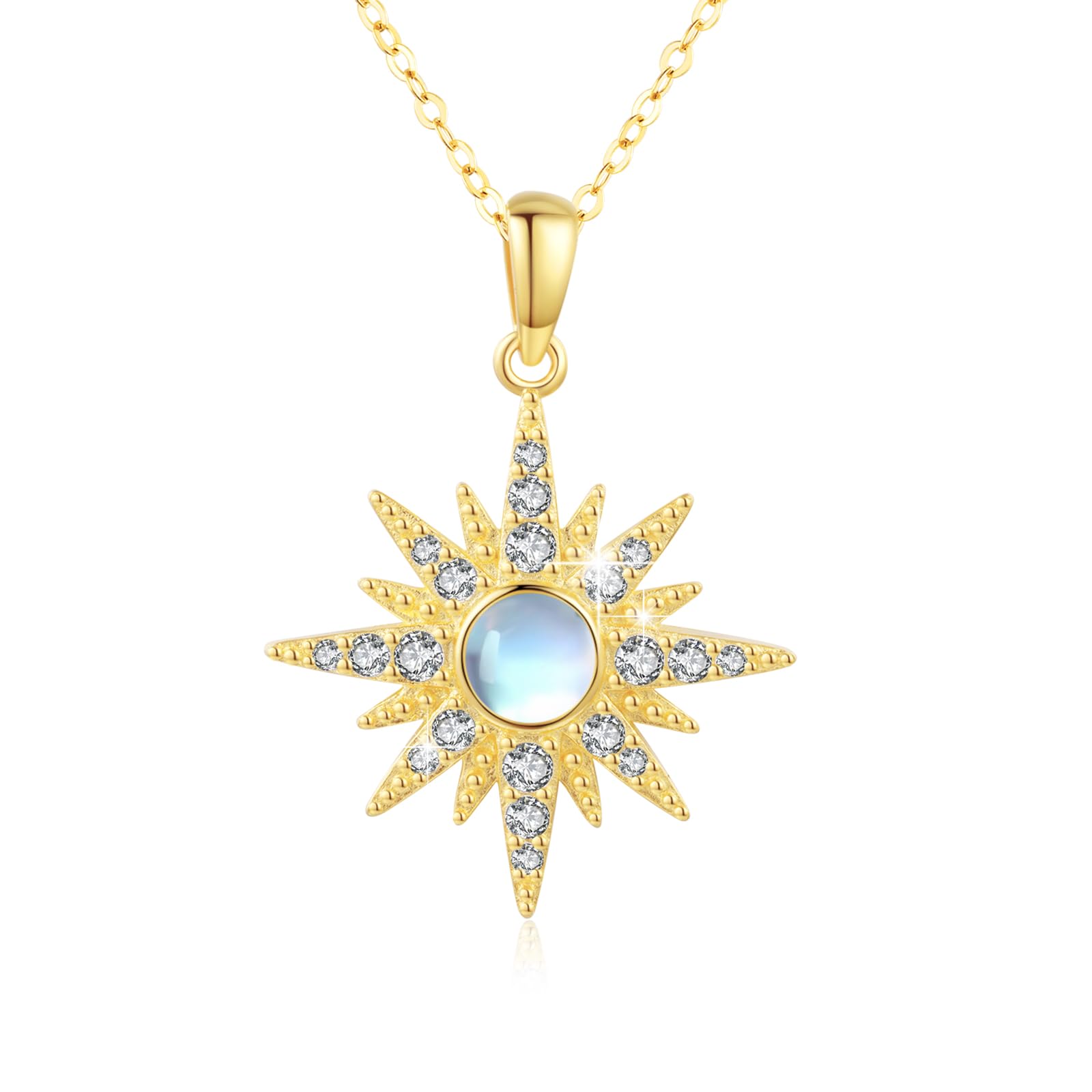 MEDWISE Cadena de estrella de plata de ley 925 y oro de ocho puntas, collar de piedra lunar chapada en oro, cadena de estrella dorada, colgante de piedra lunar, joya para mujer, niña, novia, hija,