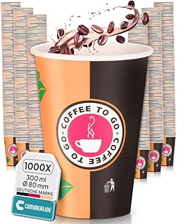 Commerline Kaffeebecher To Go Pappe – 1000 Stück, 300 ml (12 oz) Slim Ø 80 mm | Einweg-Pappbecher für Kaffee & Tee | Einwegbecher zum Mitnehmen | Papierbecher Für Heiß- & Kaltgetränke | Kaffeetasse