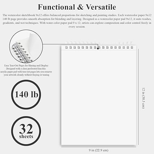 Miniatura 166 de Cuaderno de bocetos de 9 x 12 pulgadas, bloc de bocetos con espiral superior, paquete de 1 bloc de 100 hojas (68 libras/3.53 oz/m² - 100 g/m2)