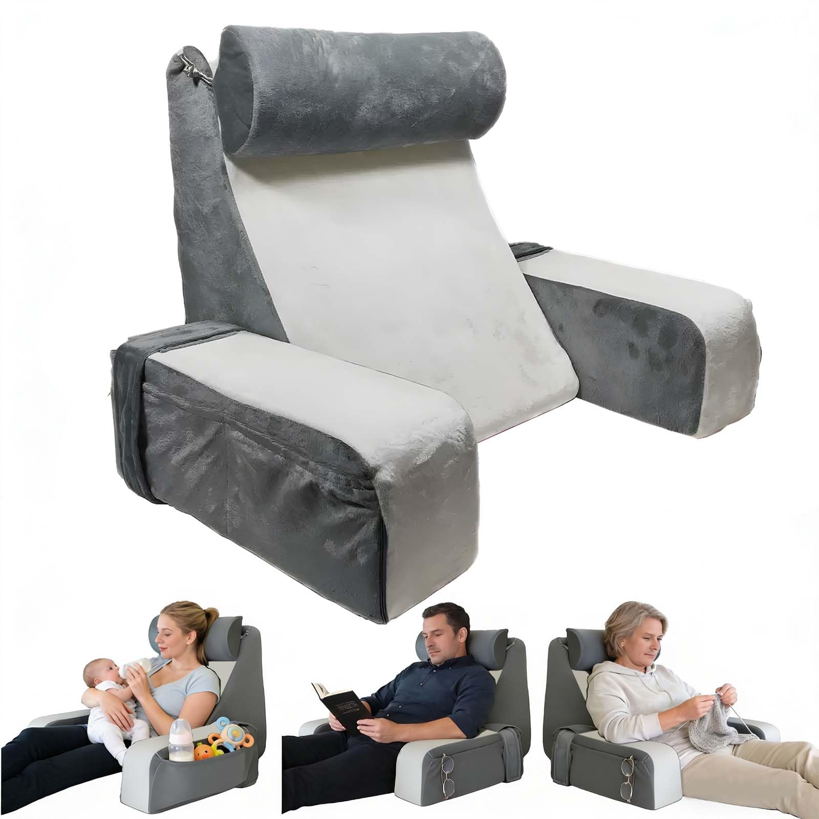 Crafthaven Reading Pillow for Sitting in Bed Adult, Back Pillow for Bed Sitting Up, Beds Rest Pillow with Neck Roll & Detachable Arm Support, Rest Pillows for Watching/Reading (Black&White)