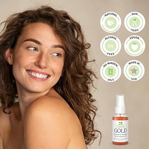 Miniatura 6 de Isabella's Clearly GOLD, Aceite de bronceado 100% natural con bronceador  Aceite corporal hidratante para un brillo de bronce saludable con oliva,