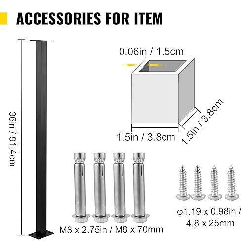 Miniatura 6 de VEVOR Poste de riel para cables, 36 x 1.5 x 1.5 pulgadas, poste de escalera de nivel de acero inoxidable, acabado cepillado, barandilla de cubierta