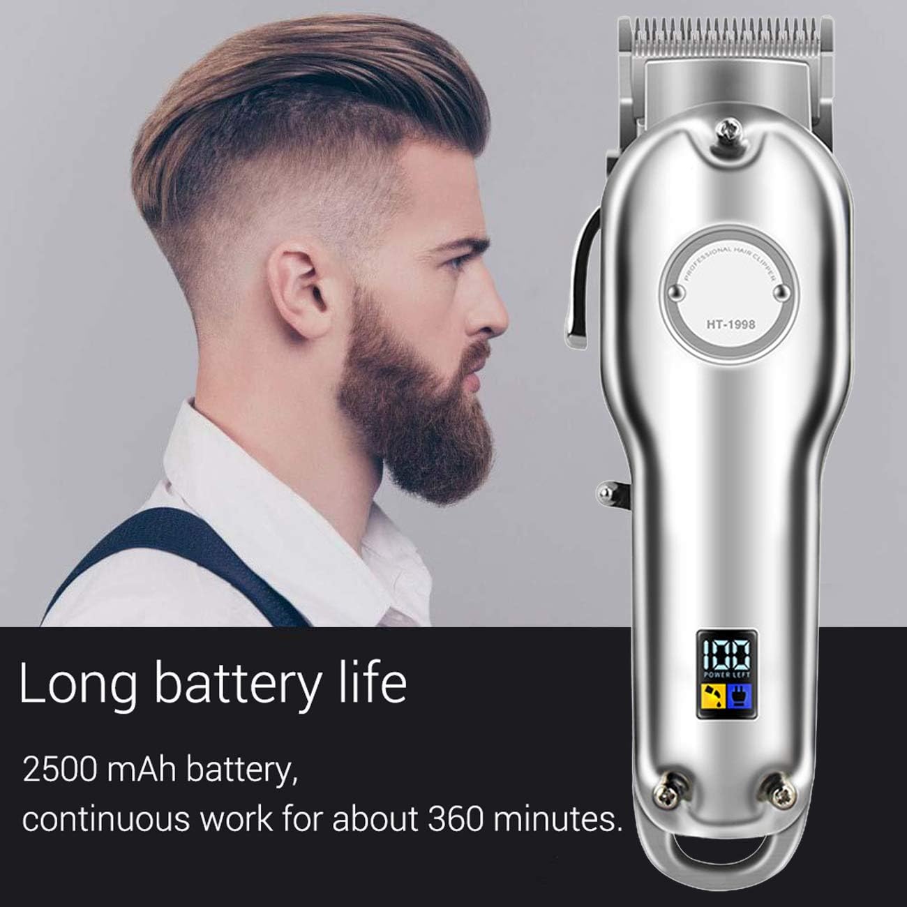Professional Cordless Haircut Kit Hair Clippers for Men 6 Hours Operation Rechargeable Hair Clippers Set LED Display with Stainless Steel Metal Housing Heavy Duty Motor for Men, Women, Kids (Silver)