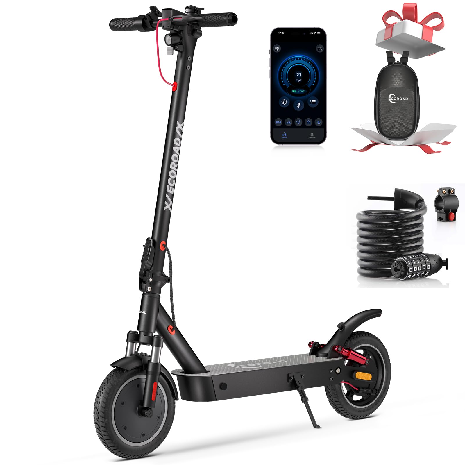 ECOROAD Electric Scooter Adults, 30 Miles Long Range with Four Shock absorbers, 800W Peak Motor & 21 MPH Adults Commuting Scooters with APP Lock, 10