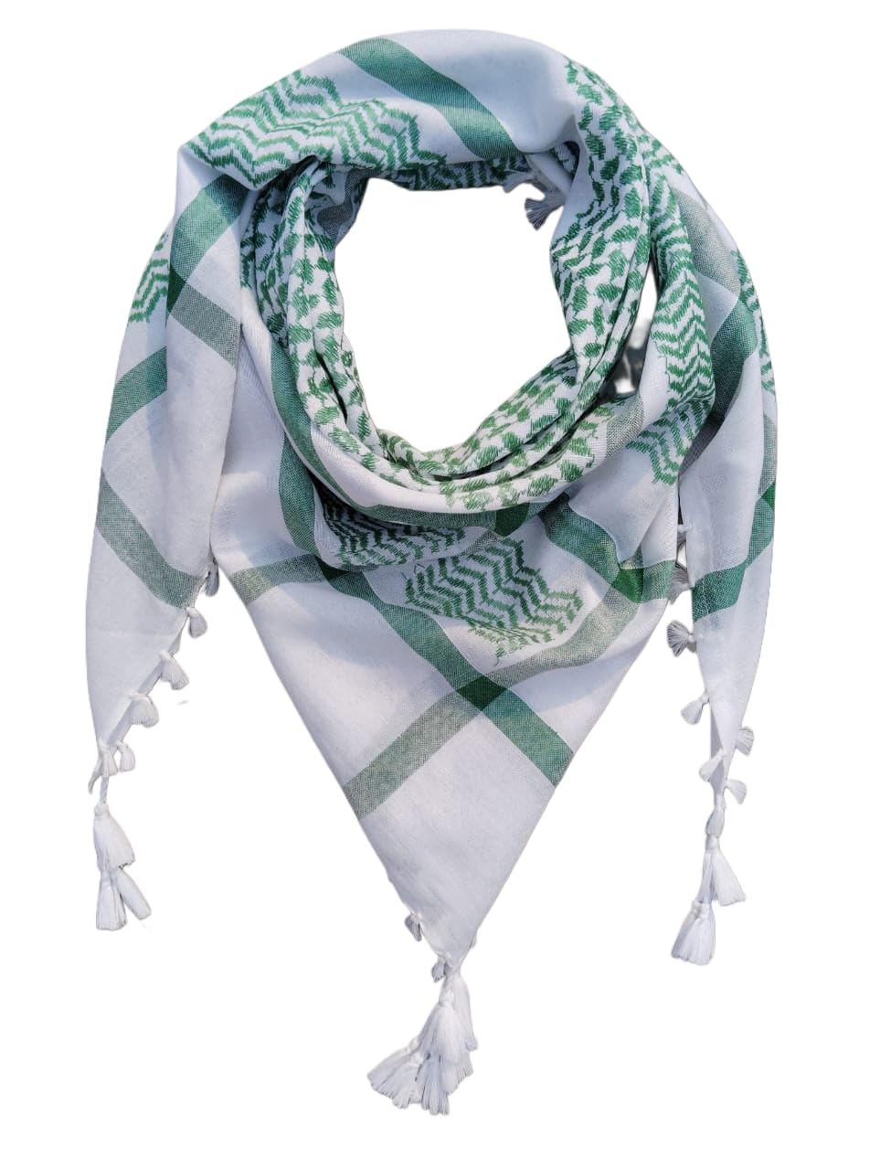 Arabic Scarf with Tassels, Green and White Chevron Pattern, Traditional Shemagh Style-image-38