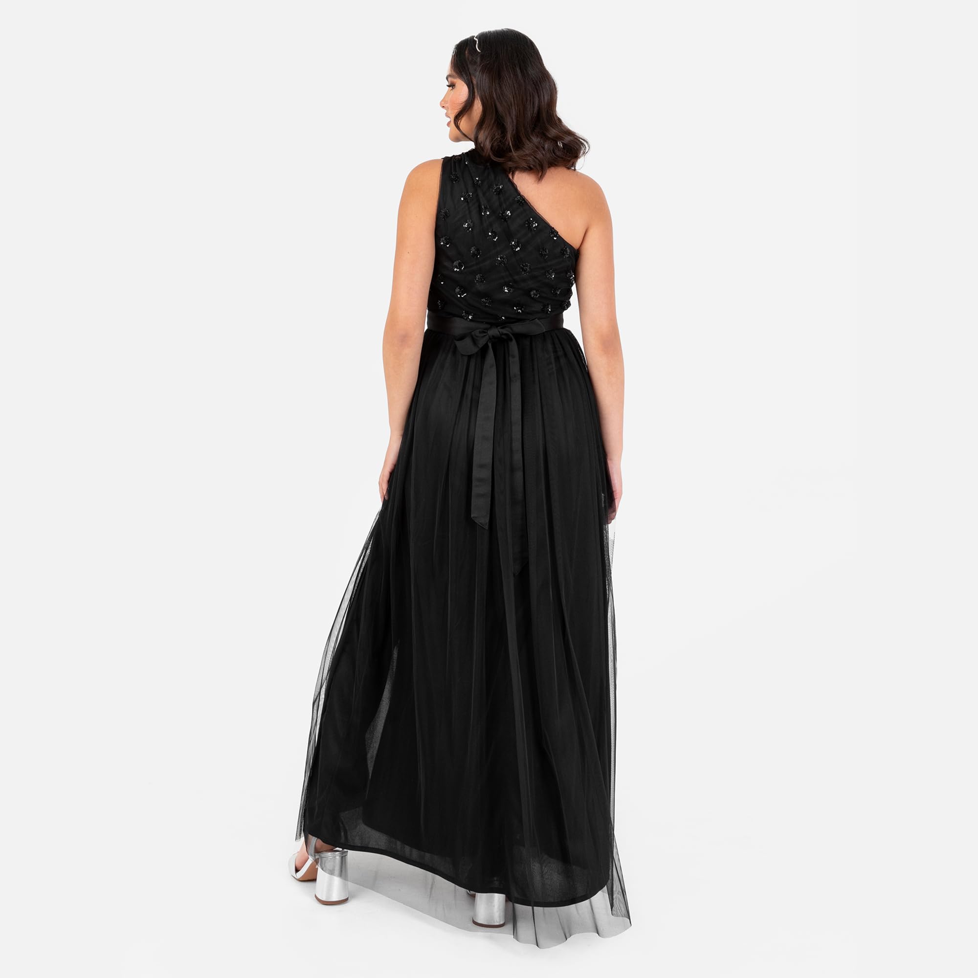 Maya Deluxe Damen Women's Maxi Dress Ladies One Shoulder Sleeveless Floral Sequin Embellished Sash Tie Belt Tulle A-line Split Bridesmaid Dress (1er Pack)
