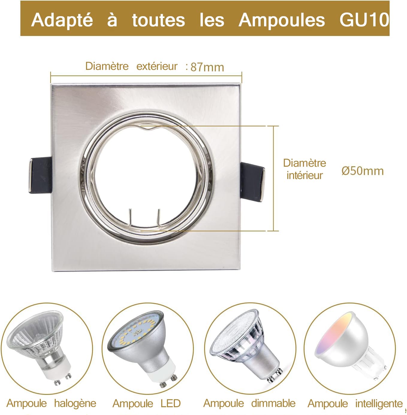 Cadre Spot Encastrable GU10 Inox Carré Orientable 30°pour Spot Led Encastrable 68mm Avec Douille GU10 pour Ampoules LED,MR16 ou Halogènes,Plafond Set 20