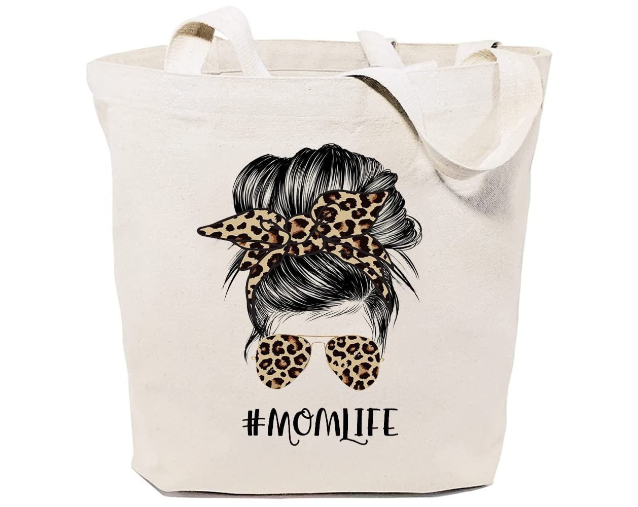 GXVUIS Mom Life Canvas Tote Bag for Women Leopard Print Messy Bun Reusable Grocery Shoulder Shopping Bags Mama Funny Gifts White