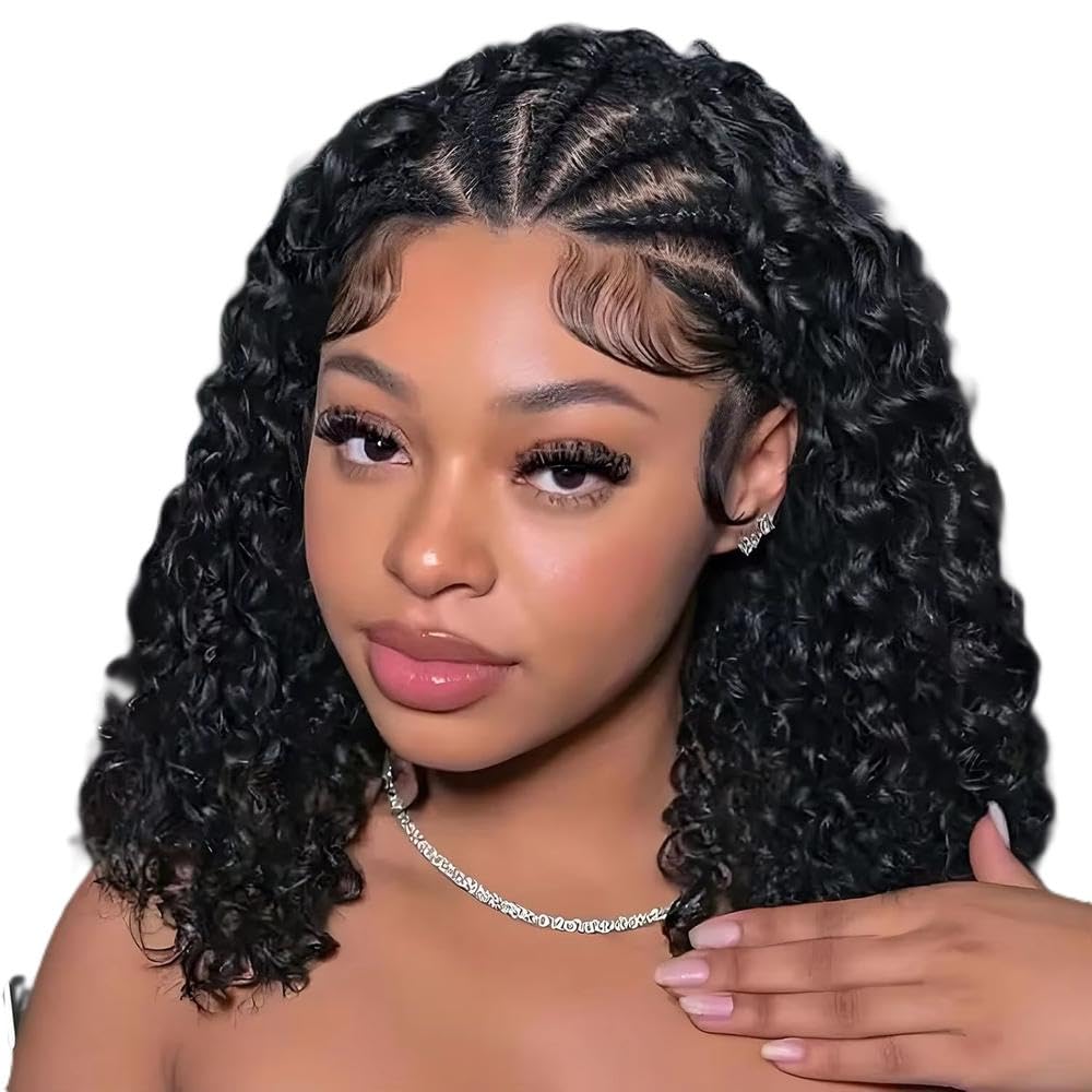 Haarpflege Cornrow Braid Bob Tiefes Lockiges Echthaar-Perücke Knotenlos 13 X 4 Volle Spitze Vorgeflochten Für Frauen(200%,10inches)