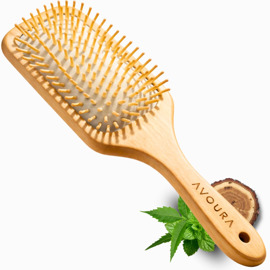 Avoura Wooden Paddle Hair Brush with Neem Wood Bristles | Infused with 21 Herbal Oils for Detangling Blow Drying nd Styling | Non Static Wooden Hair Brush for Men and Women | Reduces Frizz and Breakage-image-10
