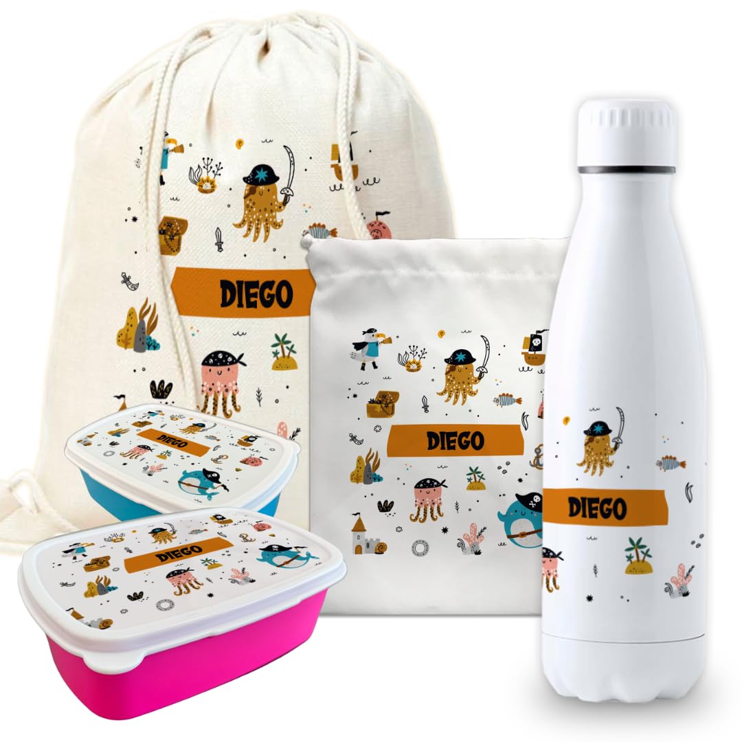 Pack vuelta al cole piratas botella personalizada + mochila saco personalizada + fiambrera personalizada + bolsa merienda personalizada con texto para el colegio o guardería. Libre de BPA