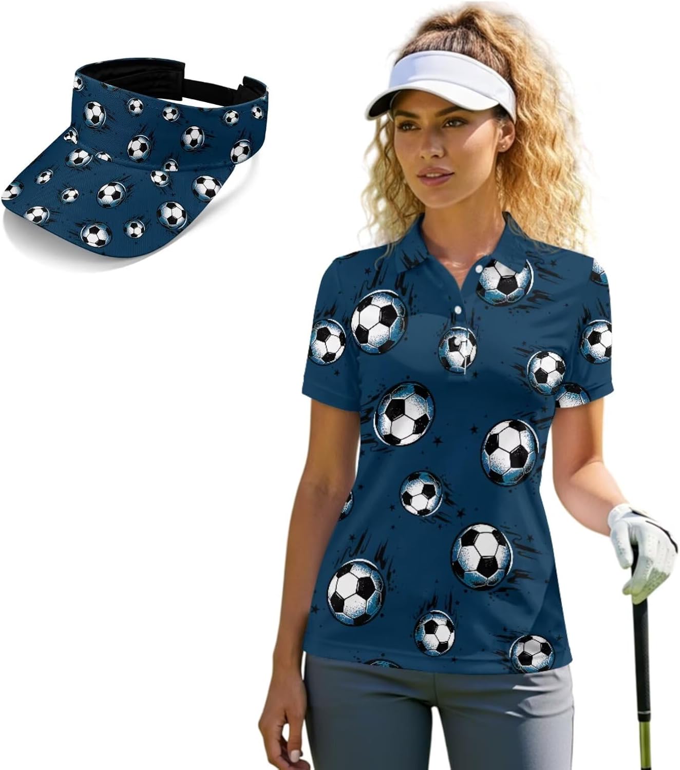 2pcs Set Open Top Golf Visor Womens with Womens Short Sleeve Golf Shirt Matching Workout Set for Tennis Hiking