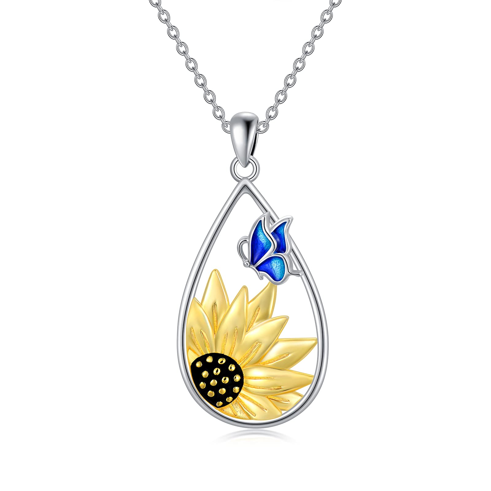 MBSUUH Sunflower Teardrop Necklace with Blue Butterfly Sterling Silver Sunflower Necklace for Women 925 Sterling Silver