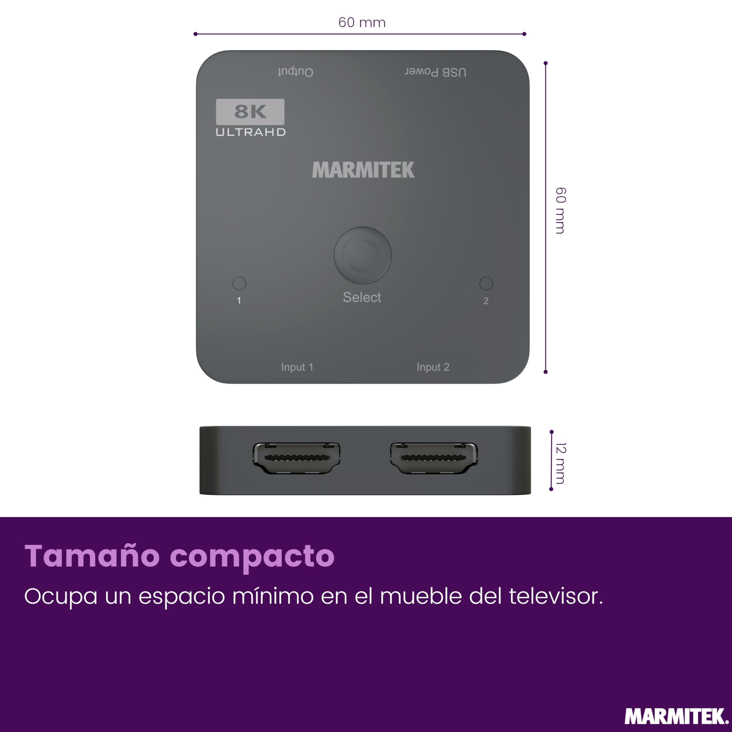 Switch HDMI 8K60 Marmitek AS28-4K120 Gaming Fluido - HDMI 2.1 2 entradas 1 Salida - 48 Gbit/s VRR ALLM QMS QFT - conmutación automática - selector HDMI