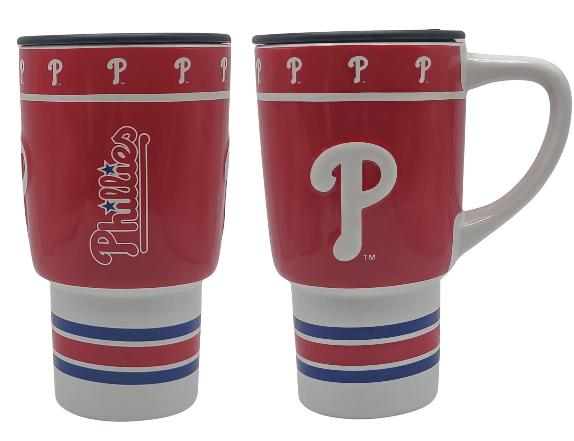 Boelter Brands MLB 15oz Sculpted Logo Ceramic Travel Mug with Narrow Base for Cup Holders (Philadelphia Phillies)