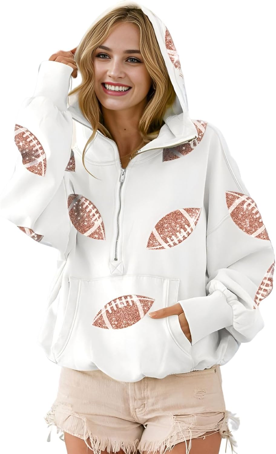 Joiemont Womens Football Sequin Rugby Patches Half Zip Up Fleece Hoodie Casual Pullover Long Sleeve Zipper Sweatshirt