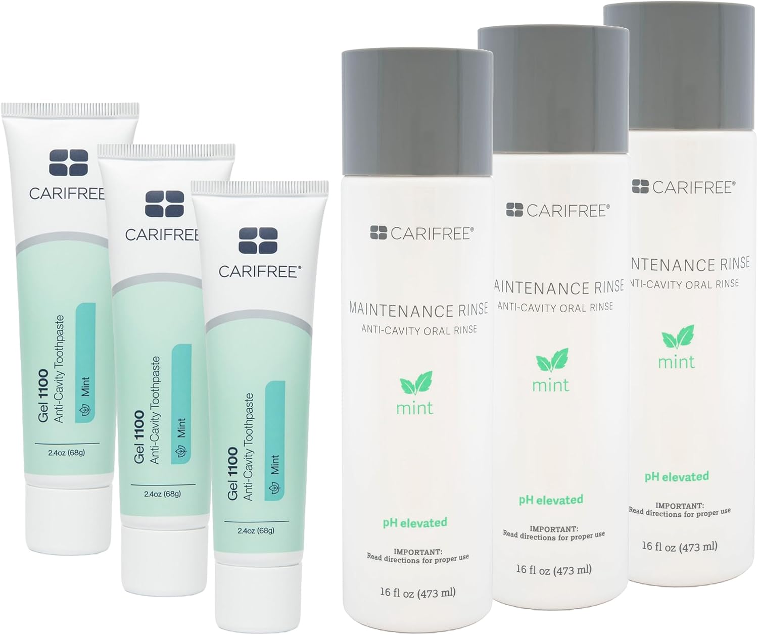 CariFree Maintenance & Prevention Kit, Mint Flavored | Anti-Cavity Fluoride Toothpaste & Mouthwash Freshens Breath and Moistens Mouth | Dentist Recommended for Oral Care (6 Piece Set)