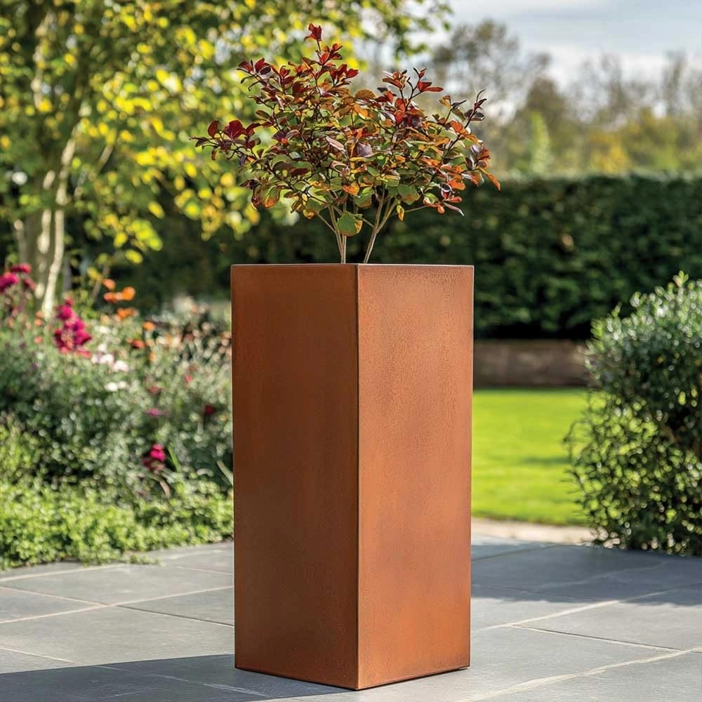 Tulipy Zinc Galvanised Tall Square Planter | No Assembly Needed | Lightweight (Copper, L25cm x W25cm x H50cm)