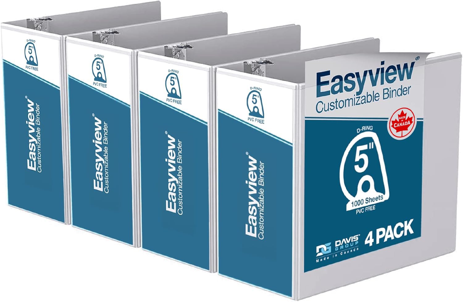 EasyView - Raccoglitori ad anello a D ad angolo di alta qualità, personalizzabili a 3 anelli, per scuola, lavoro o casa, confezione da 4, colore: Bianco