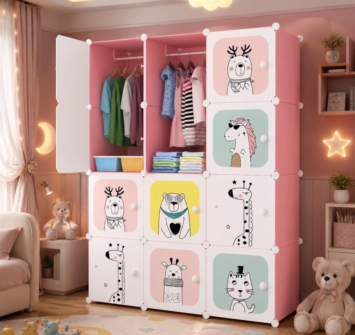 Mevigo Foldable Plastic Wardrobe for Clothes – 12- Door Baby Cupboard for Clothes Storage, Wardrobe for Kids, Plastic Almirah, Collapsible Wardrobe for Kids Livingroom & Home (Pink-KTH2, 12- Door)