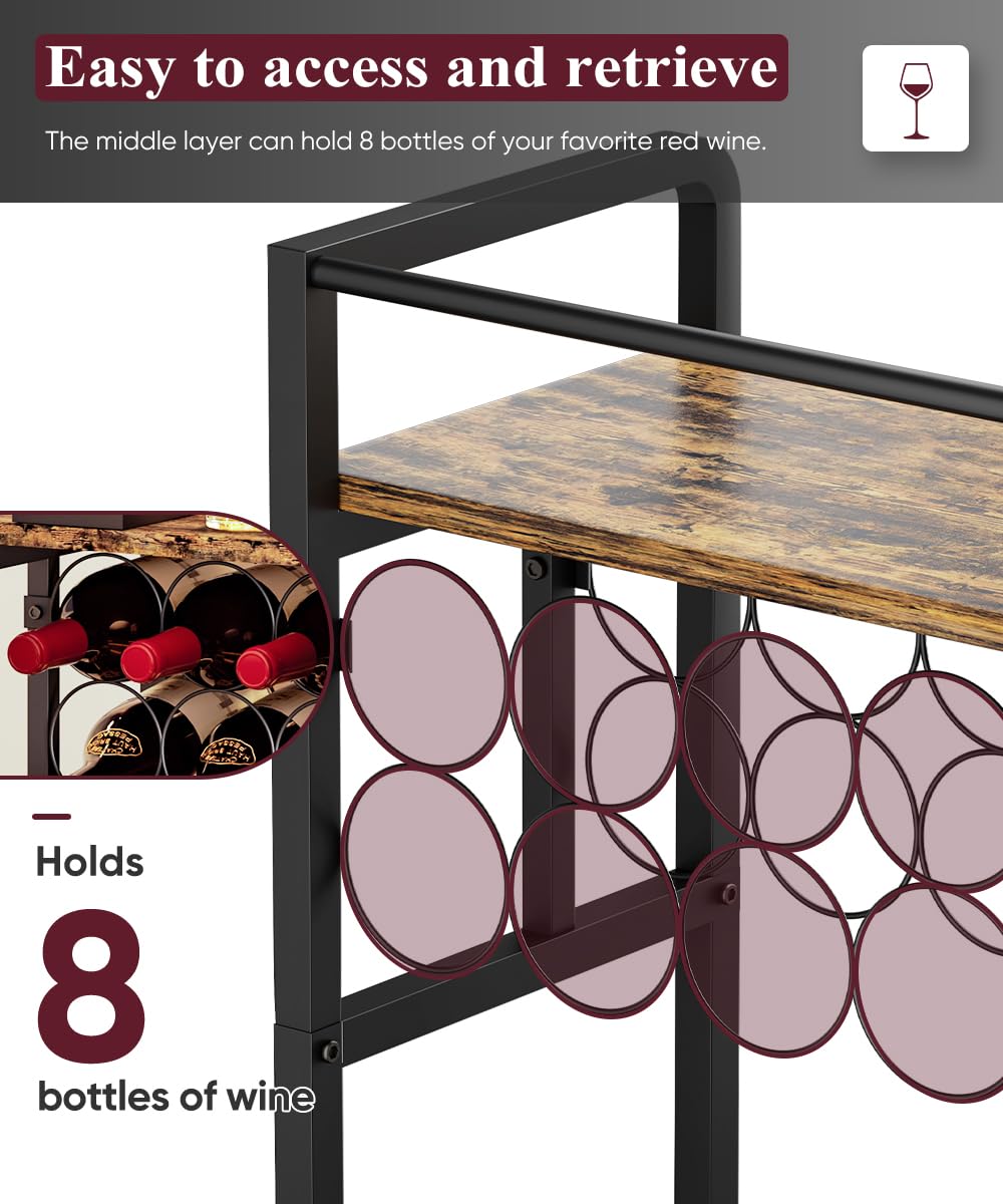 Ansionsol 3-Tier Wine Rack Freestanding Floor with Wood Top, Liquor Stand with Wine Bottle Holder, Corner Mini Bar Table for Small Space, Metal Whiskey Shlef for Kitchen, Cellar, Living Room, Black