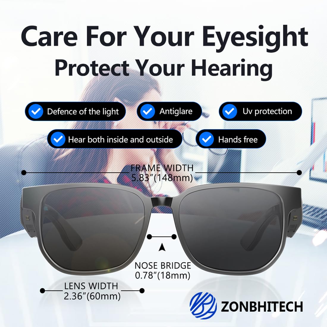 Occhiali intelligenti con altoparlante Bluetooth, orecchio aperto, occhiali smart audio per esterni, protezione UV, per uomini e donne, unisex, 09 (nero)