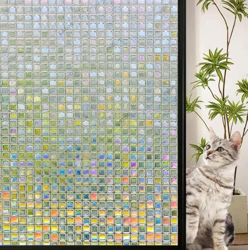 Image of CREON Window Privacy Film Stained Glass (24 X 508 Inch) Rainbow Mosaic Decorative Static Glass, Removable Vinyl UV Blocking Stickers for Home,Office