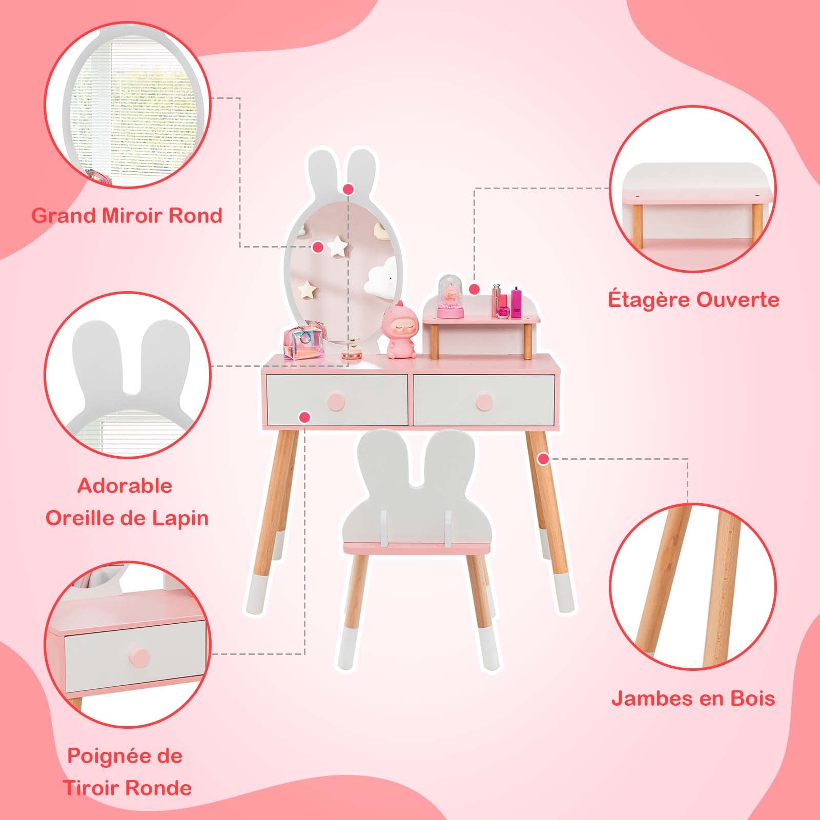DREAMADE 2 en 1 Coiffeuse Enfant Fille avec Miroir Amovible&Tabouret Table de Maquillage Enfant 3+ Ans,Pieds en Bois,2 Tiroirs,Coiffeuse Princess Tout-Petits Charge 50 KG(Lapin Blanc)