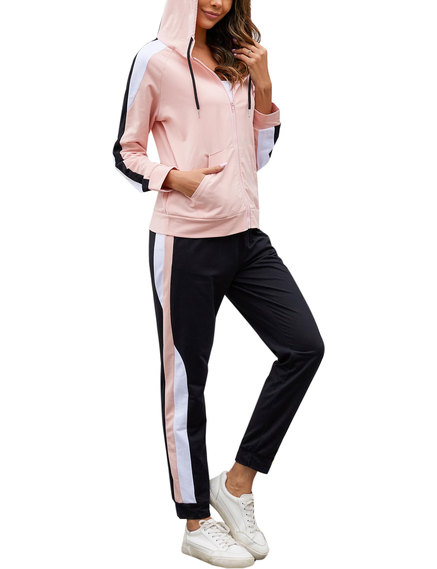 Litherday Jogginganzug Damen Lang Freizeitanzug Baumwolle Trainingsanzug Frauen Streifen Sportanzug, Hellrosa+Schwarz, M