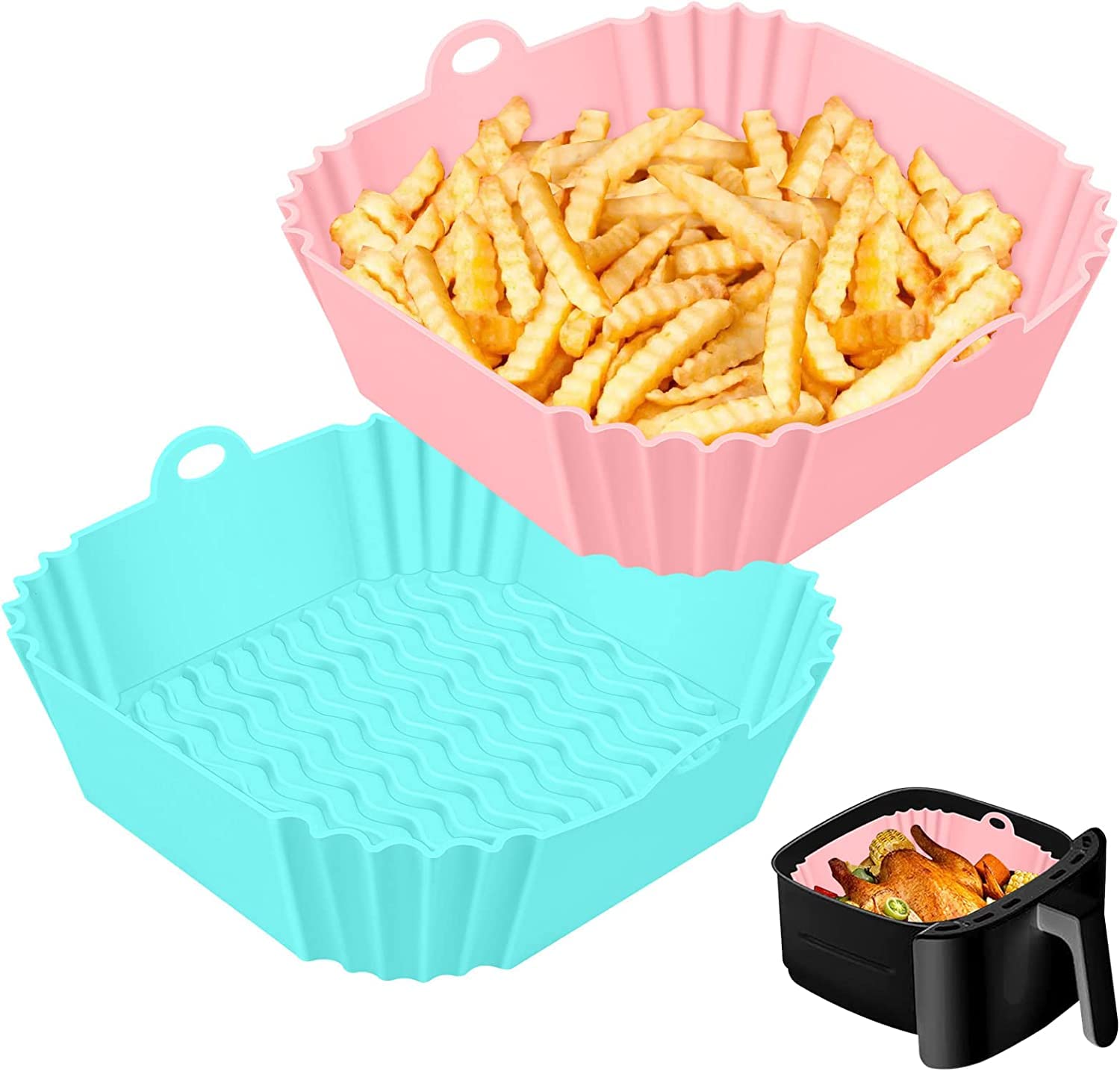 Minitul Air Fryer Silicone Pot, 2Pcs 8" Square Air Fryer Silicone Liners, Food Safe Non-Stick Air Fryers Oven Accessories, Reusable Replacement of Flammable Parchment Liner Paper