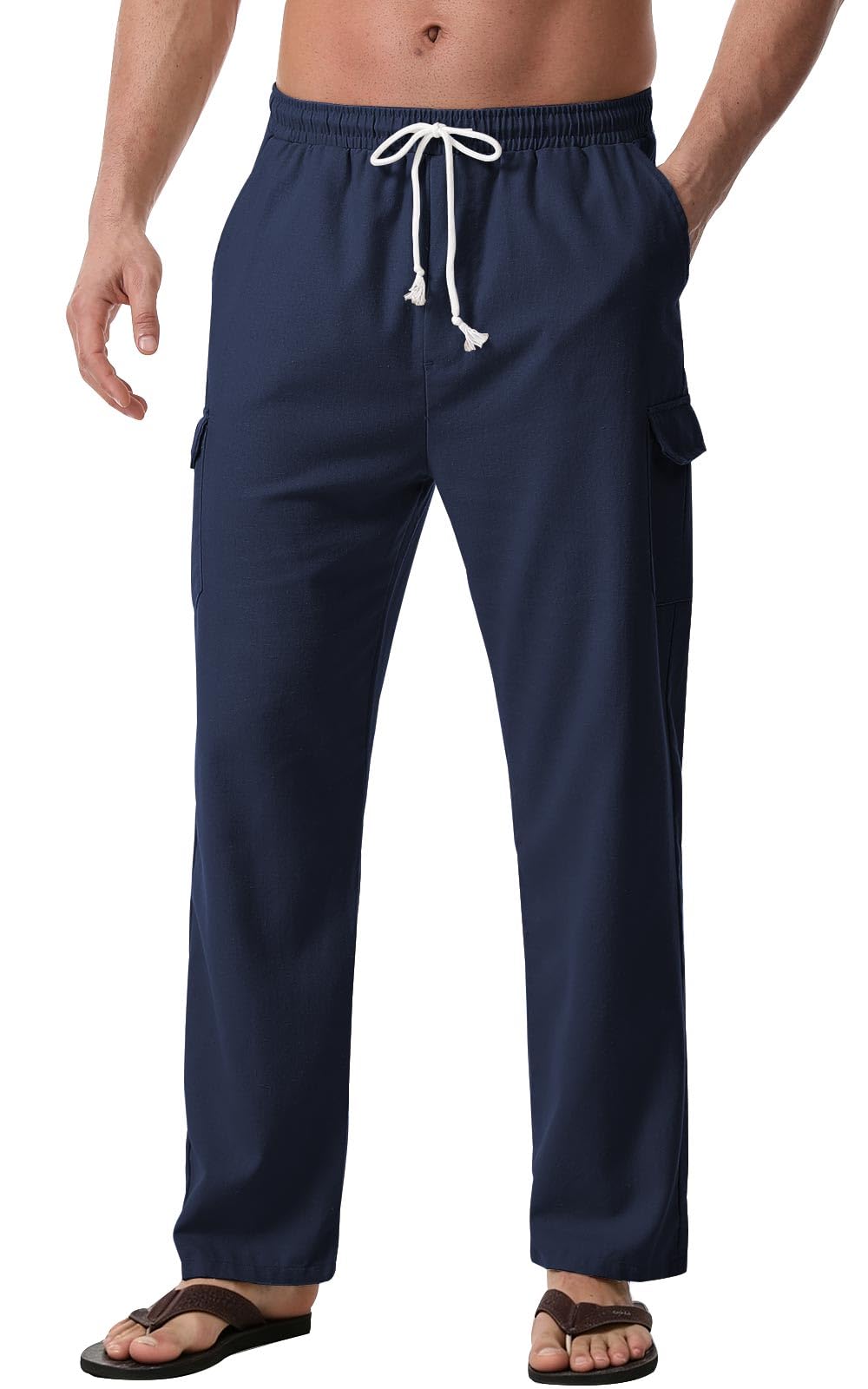 Zetieny Leinenhose Herren Lang Leichte Sommerhose Herren Loose Fit Freizeithose mit Taschen Kordelzug für Urlaub Strand Yoga Alltag