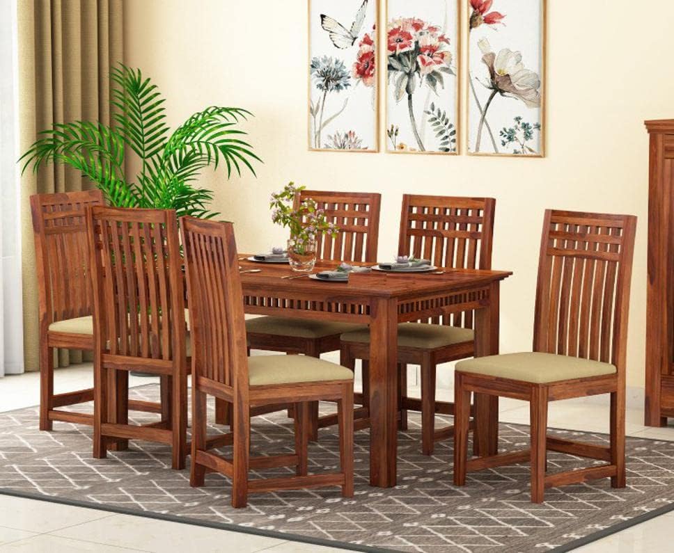 Image of Sheesham Wood 6 Seater Dining Table with Cushioned High Back Chairs for Living Room Home Dining Room Sets Furniture for Dinner Rooms (Honey Finish)