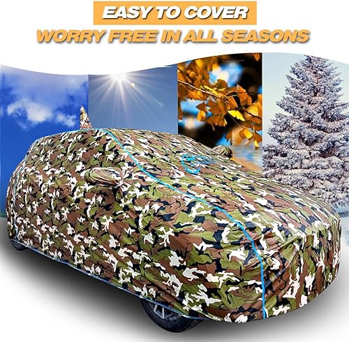 Image of Waterproof Car Body Cover Compatible with Mahindra Scorpio N Z8 Diesel at Mirror Pocket and Antenna Pocket, Triple Stitched (Jungle Print with Blue Piping Design)