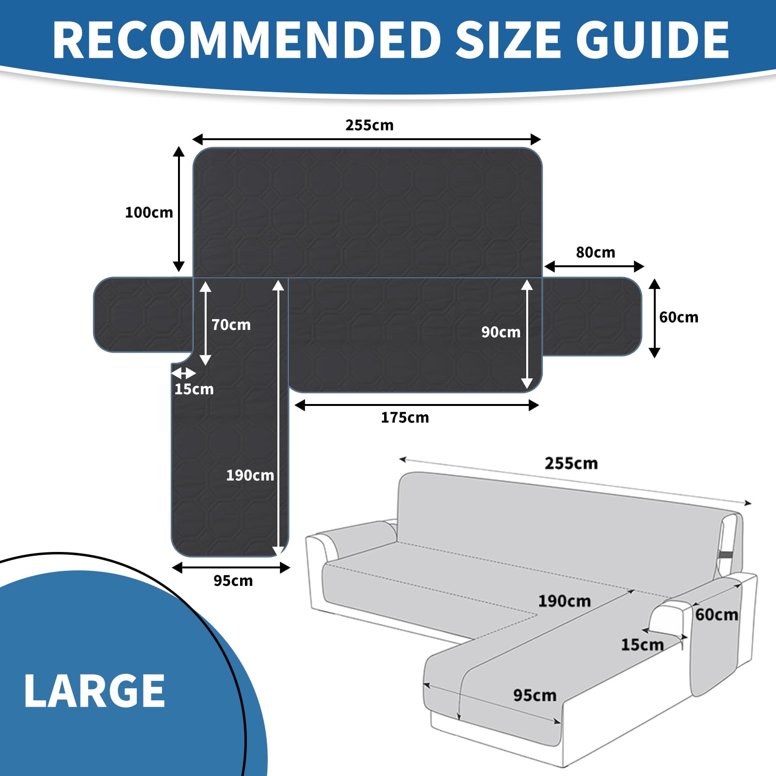 Ystyle Copridivano Impermeabile con Penisola 3 Posti (L 255 CM), Copridivano Angolare Destra/Sinistra Universale Reversibile, Copridivano Chaise longue Antigraffio Antimacchia, Nero