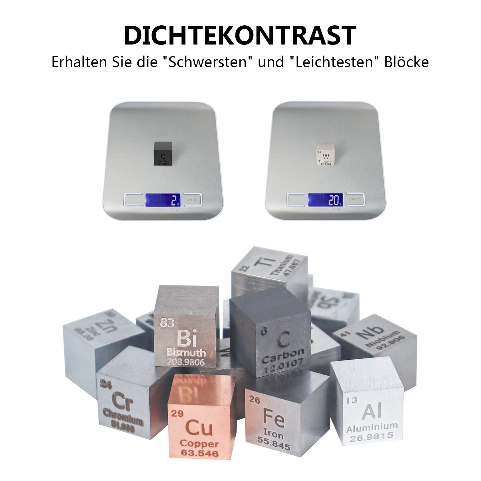 15 Stück Metall Würfel - Dichte bis zu 99,99% Reines Periodensystem - Wolfram, Titan, Wismut, Aluminium, Kupfer für Element Sammlungen und Hobbys