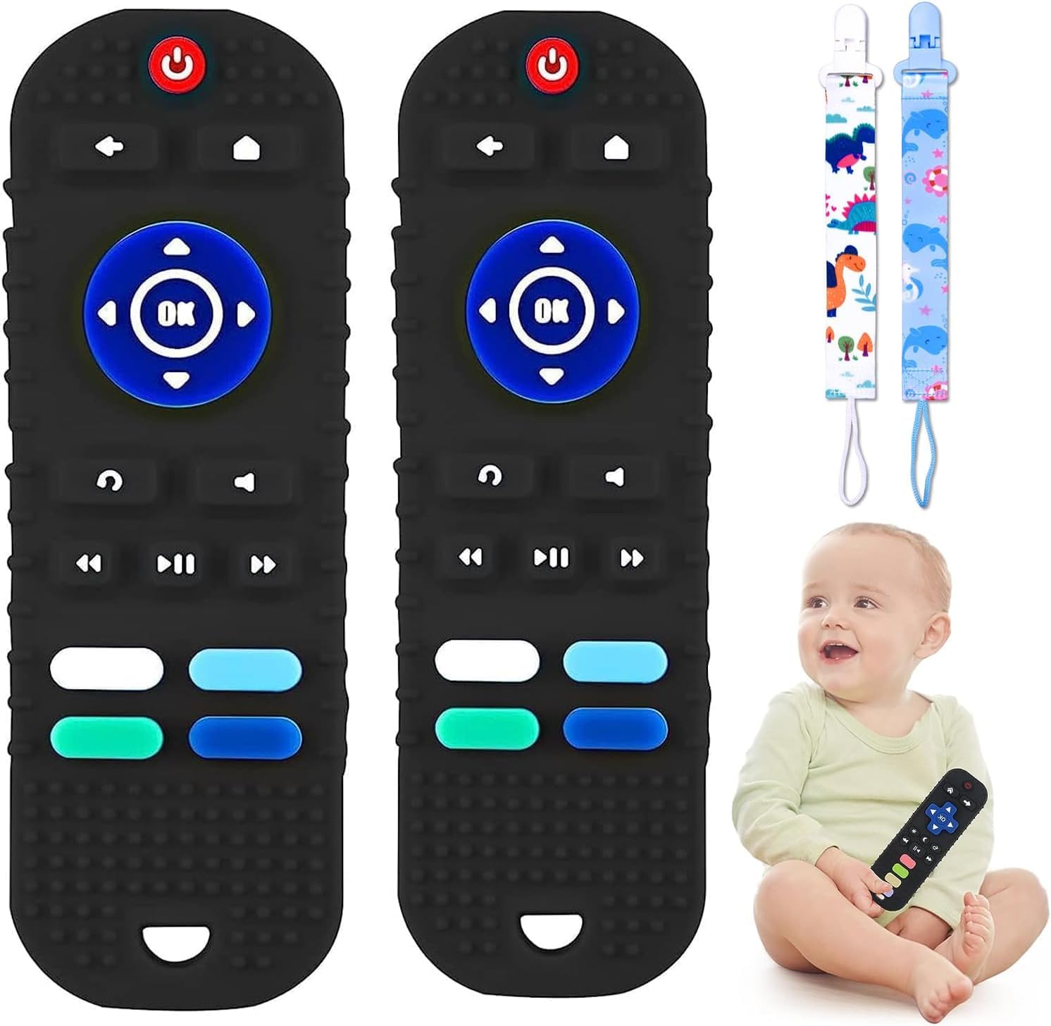 Silicone Remote Teething Toys for Babies, (2 Pack) Yakiter Soft Chew Toys with TV Remote, Boys Girls Baby Molar Toys with Colored Rope Early Sensory Chew Toys, 2 Pack(Black)