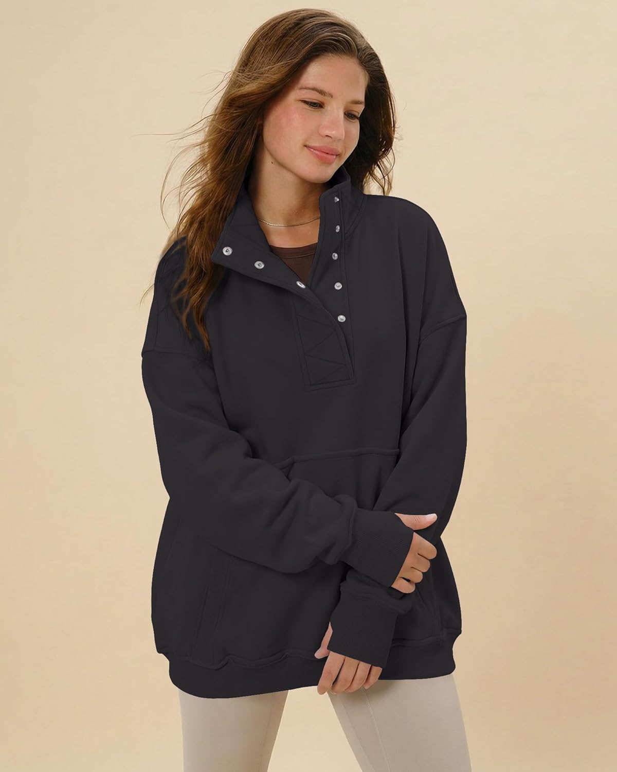 Locachy Women's Casual Oversized Button Henley Neck Sweatshirt Long Sleeve Pullover Tops 2026 Spring Fashion Outfits Clothes - Image 4