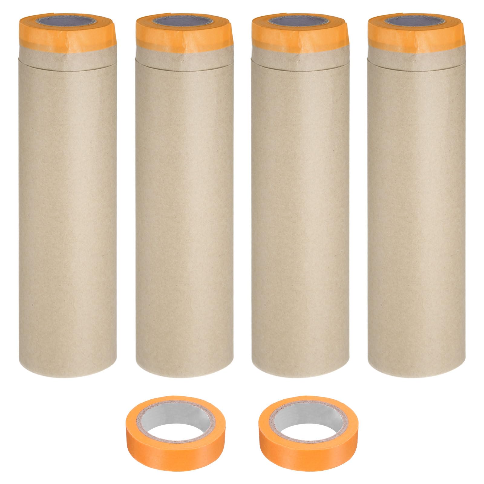 QUARKZMAN 4 Rotoli Di Pellicola Protettiva Pretapezzata 17.7 Piedi X 49 Piedi Con 2 Rotoli Extra Di Nastro Per Pittura Pellicola Di Protezione Per Pittura Con Nastro Colore Arancione.