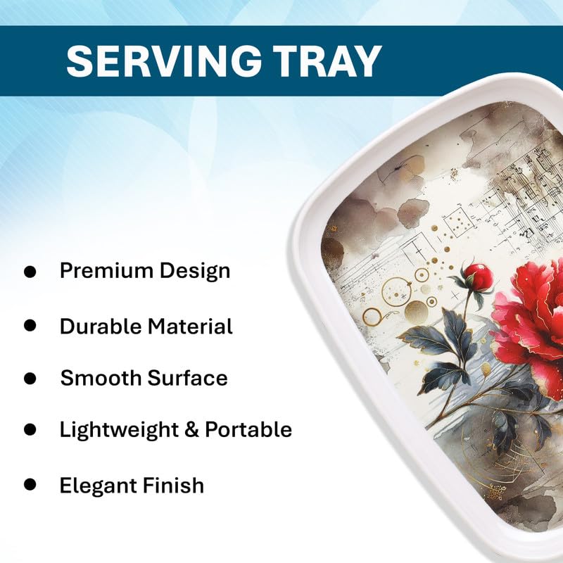 Image of Golden Fish Serving Tray Set of 2 with Floral Print, Rectangular Rounded Edge Tray for Kitchen, Dining & Tea Serving, Lightweight Durable Multipurpose Food & Snack Tray