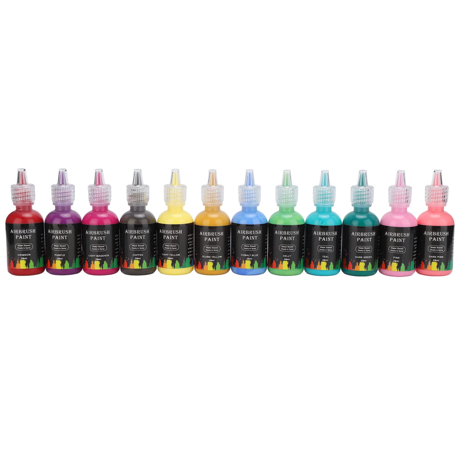 Encre liquide 12 couleurs pour aérographe DIY, ensemble de peintures acryliques solubles dans l’eau, contenant au total 348 ml, avec des teintes mates et éclatantes, idéal pour vos