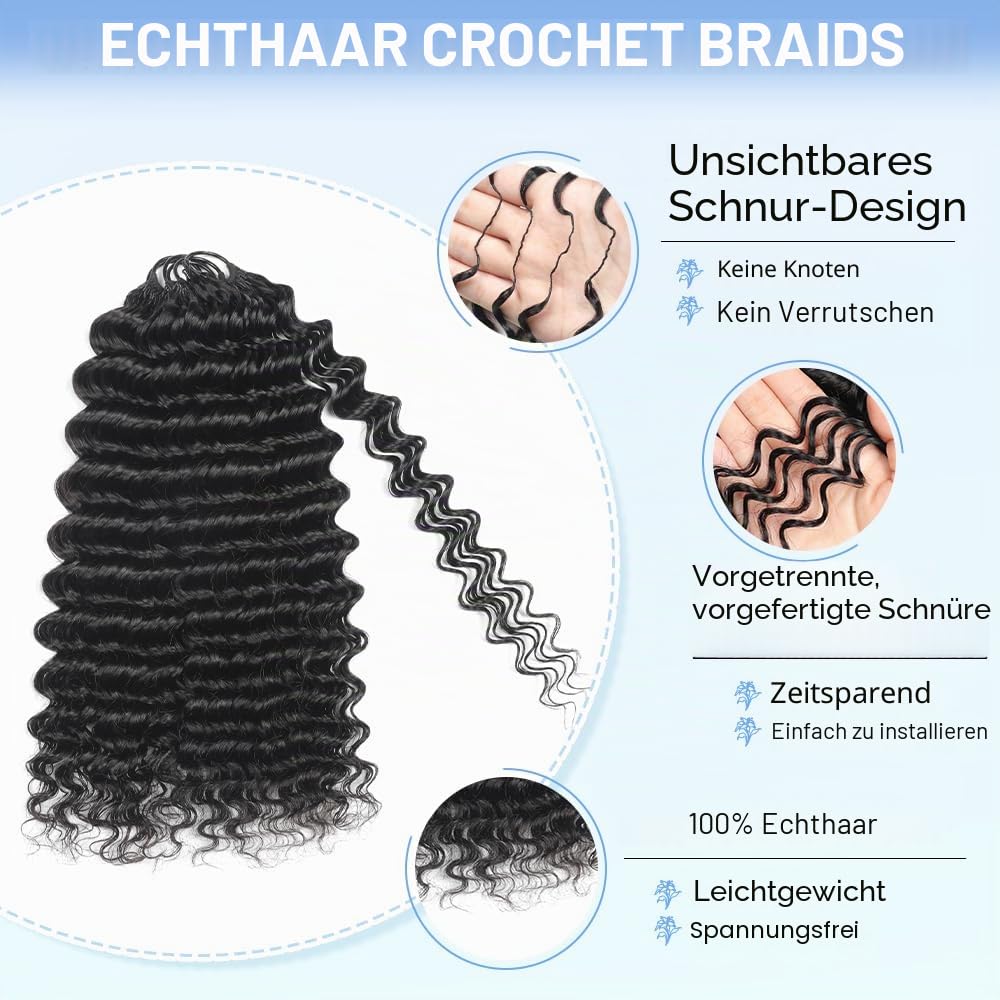 Renyarch Miracle Hair Crochet Human Hair Bundles for Black Women 18 Zoll Deep Wave 1B# Human Hair Crochet 200g 160Pcs Wet and Wavy Invisible Knotless Curly Schwarz Echthaar Haarverlängerungen