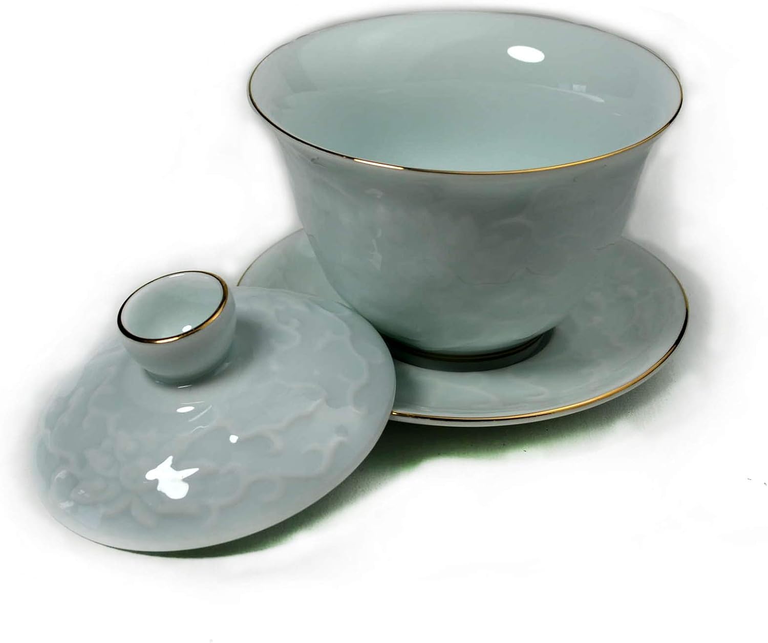Gaiwan Chinese Sancai 6oz Tureen Tray Cup Tea Set Bowl Saucer Lid with Delicate Gold Wire Porcelain Embossed Bloom