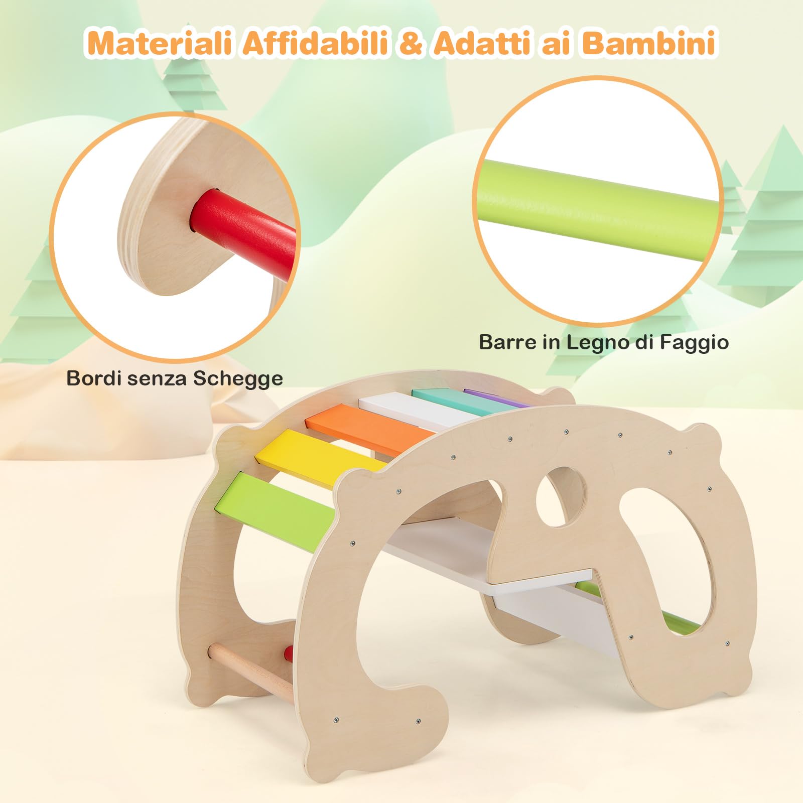 COSTWAY 2 in 1 Arco da Arrampicata per Bambini, Arrampicata ad Arco con Dondolo Schienale e Sedile, Cavallo a Dondolo in Legno per Bambini 1 Anni +